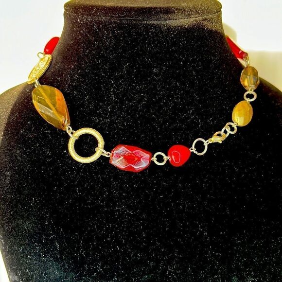 Red and Brown Gem and Gold Tone Coin Choker Necklace - Picture 2 of 4